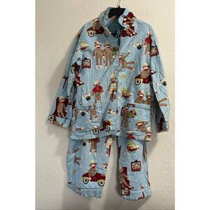 Nick & Nora Sock Monkey Flannel Pajamas PJ Set Long Sleeve Pants Blue L